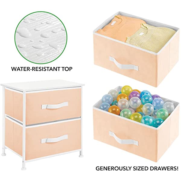 mDesign Storage Dresser End/Side Table Night Stand Furniture Unit - Small Standing Organizer for Bedroom, Office, Living Room, and Closet - 2 Drawer Removable Fabric Bins - Gray/White Grey