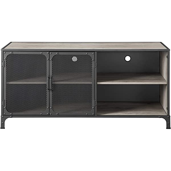 Walker Edison Malcomb Urban Industrial Metal Mesh Double Door Rolling Bar Cabinet, 33 Inch, Rustic Oak Rustic Oak 33 Inch