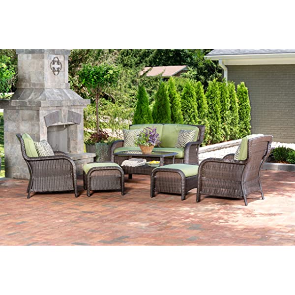 Hanover Strathmere 6-Piece Outdoor Patio Conversation Set, 2 Side Chairs with Ottomans, Loveseat and Tempered Glass Coffee Table, with Hand-Woven Wicker and Thick Cilantro Green Cushions, STRATHMERE6PC