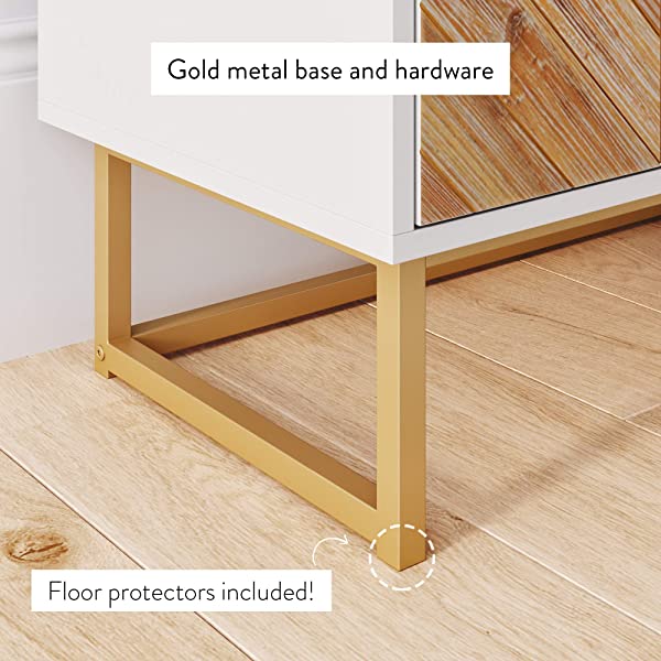 Nathan James Enloe Modern Storage, Free Standing Accent Cabinet with Doors in a Rustic Fir Wood Finish Powder-coated Metal Base for Hallway, Entryway or Living Room, White/Gold