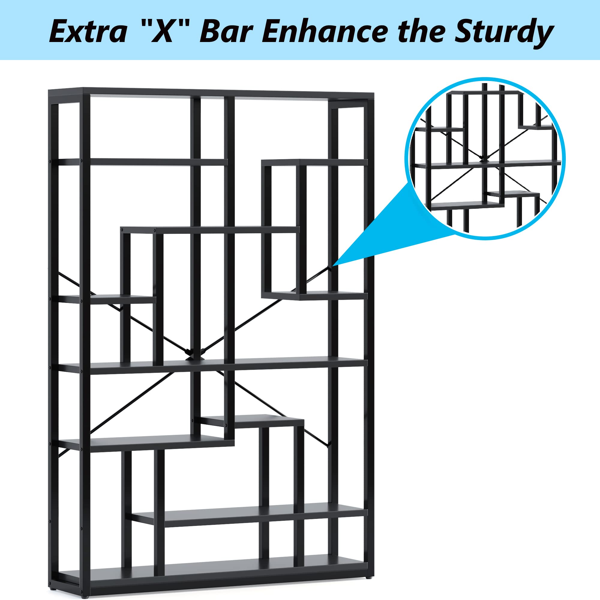 【Furniture】Black Bookshelf 47” Bookcase 9 Tier Tall Book Shelf Rustic Geometric Bookcase Display Shelf Organizer