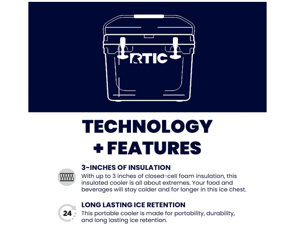 RTIC Hard Cooler Insulated Portable Ice Chest Box for Beach, Drink, Beverage, Camping, Picnic, Fishing, Boat, Barbecue