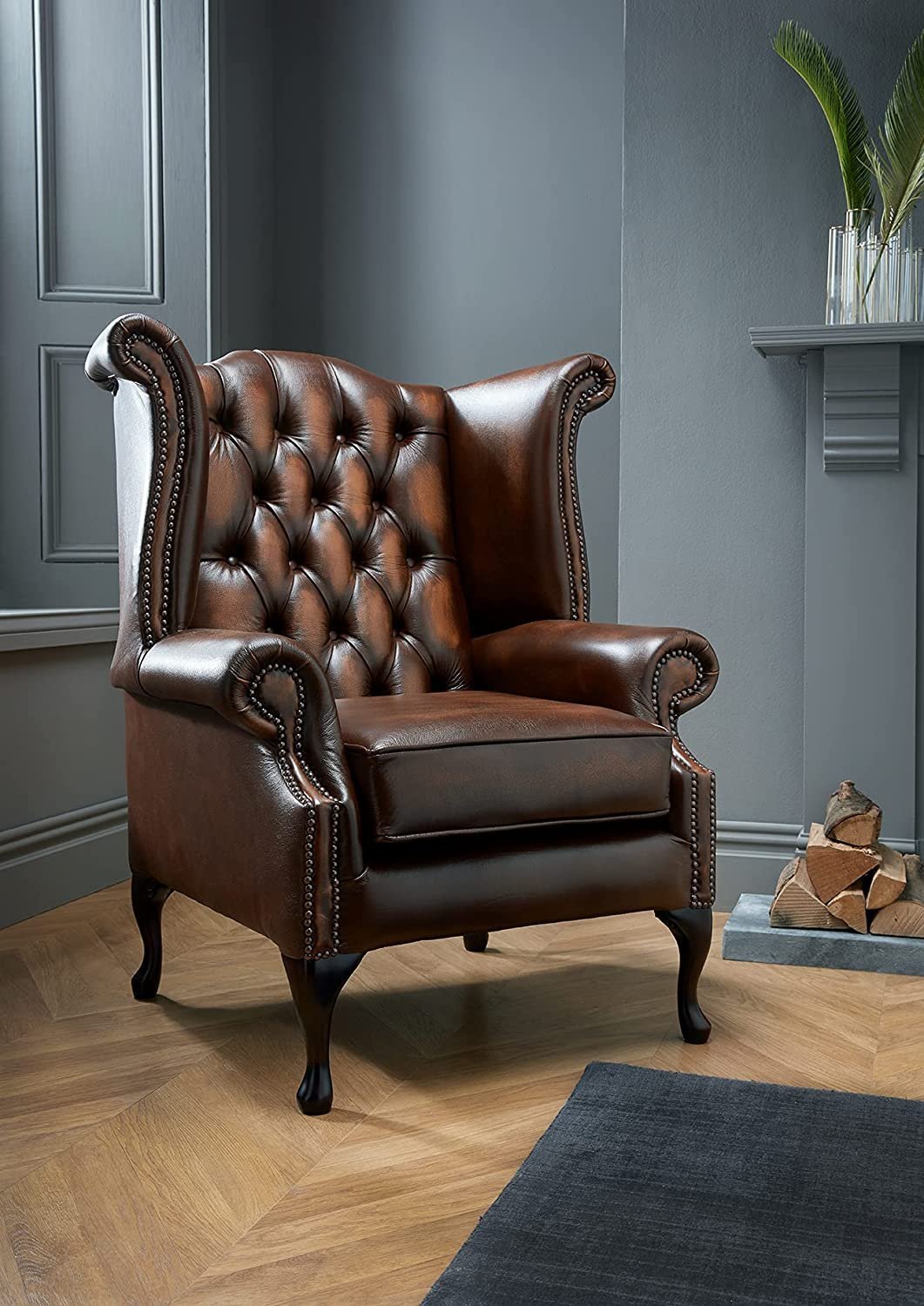 Chesterfield Genuine Antique Leather Queen Anne Chair (3 Colour Options) (Green)