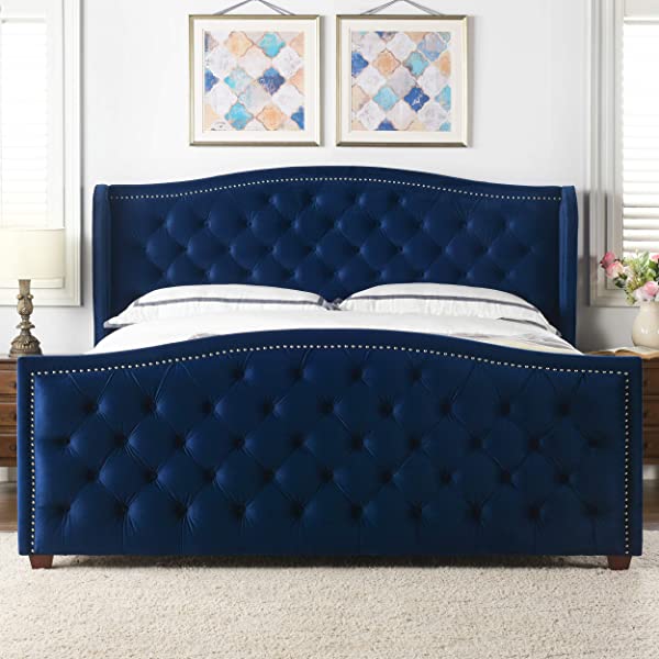 Jennifer Taylor Home Marcella Collection Queen Wingback Tufted Hand-Applied Nail Heads Upholstered Bed, Antique White Antique White Queen