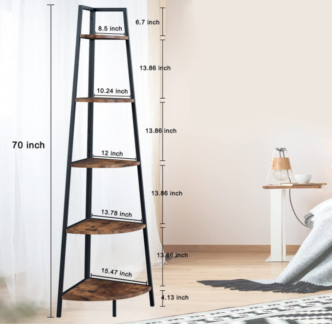 OIAHOMY Corner Shelf 70 Inch Tall Bookcase 5- Tier Industrial Corner Bookshelf Corner Ladder Shelf Small Bookshelf Rustic Plant Stand Rack Freestanding -Rustic Brown