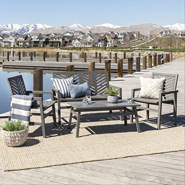 Walker Edison 5 Person Outdoor Wood Chevron Patio Furniture Dining Set Table Chairs Bench All Weather Backyard Conversation Garden Poolside Balcony, 4 Piece, Brown Brown 4 Piece Dining Set