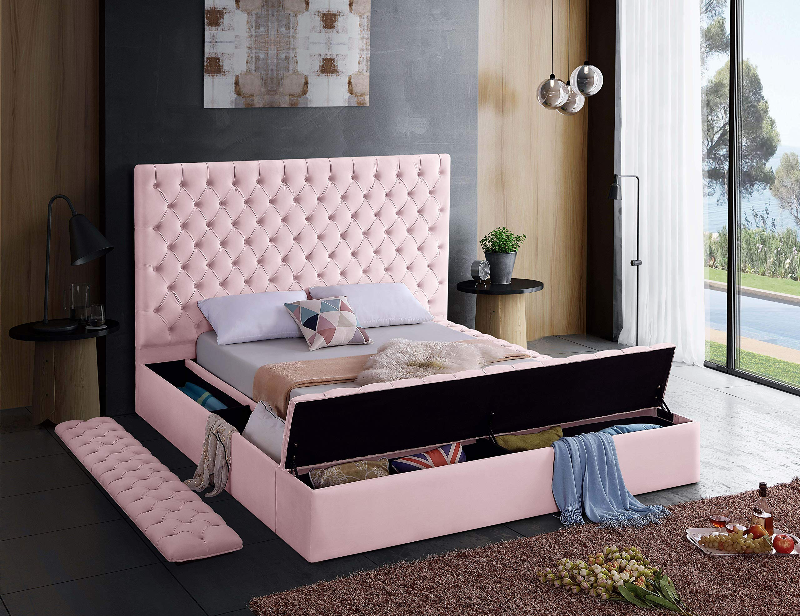 【Furniture】Contemporary Velvet Upholstered Bed with Deep Button Tufting & Storage Compartments
