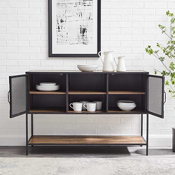 Walker Edison Malcomb Urban Industrial Metal Mesh Double Door Rolling Bar Cabinet, 33 Inch, Rustic Oak Rustic Oak 33 Inch