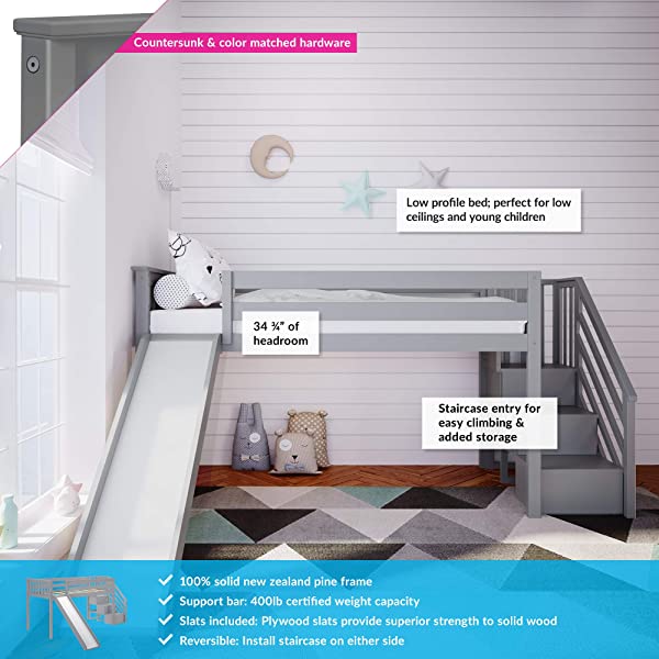 Max & Lily Twin Low Loft Bed with Staircase, White White Low Loft + Staircase Bed