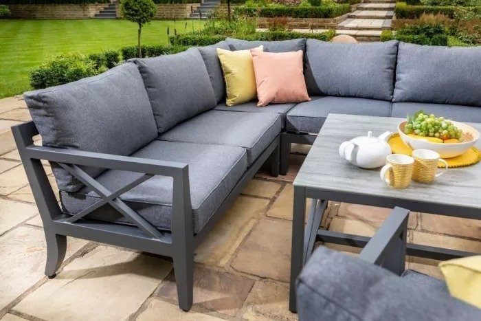 · Hartman Sorrento Square Casual Dining Set With Gas Fire Pit & Lounge Chairs Corner Sofa set